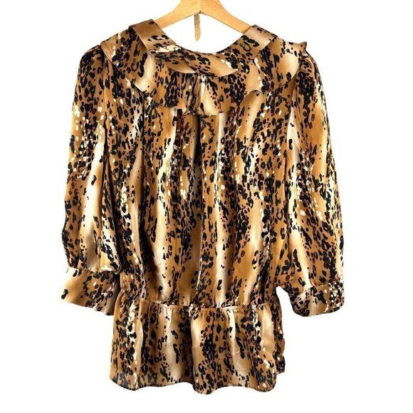 Parker Animal Print Speckled Abstract 100% Silk V-Neck Peplum Blouse EUC SZ M - Picture 6 of 9
